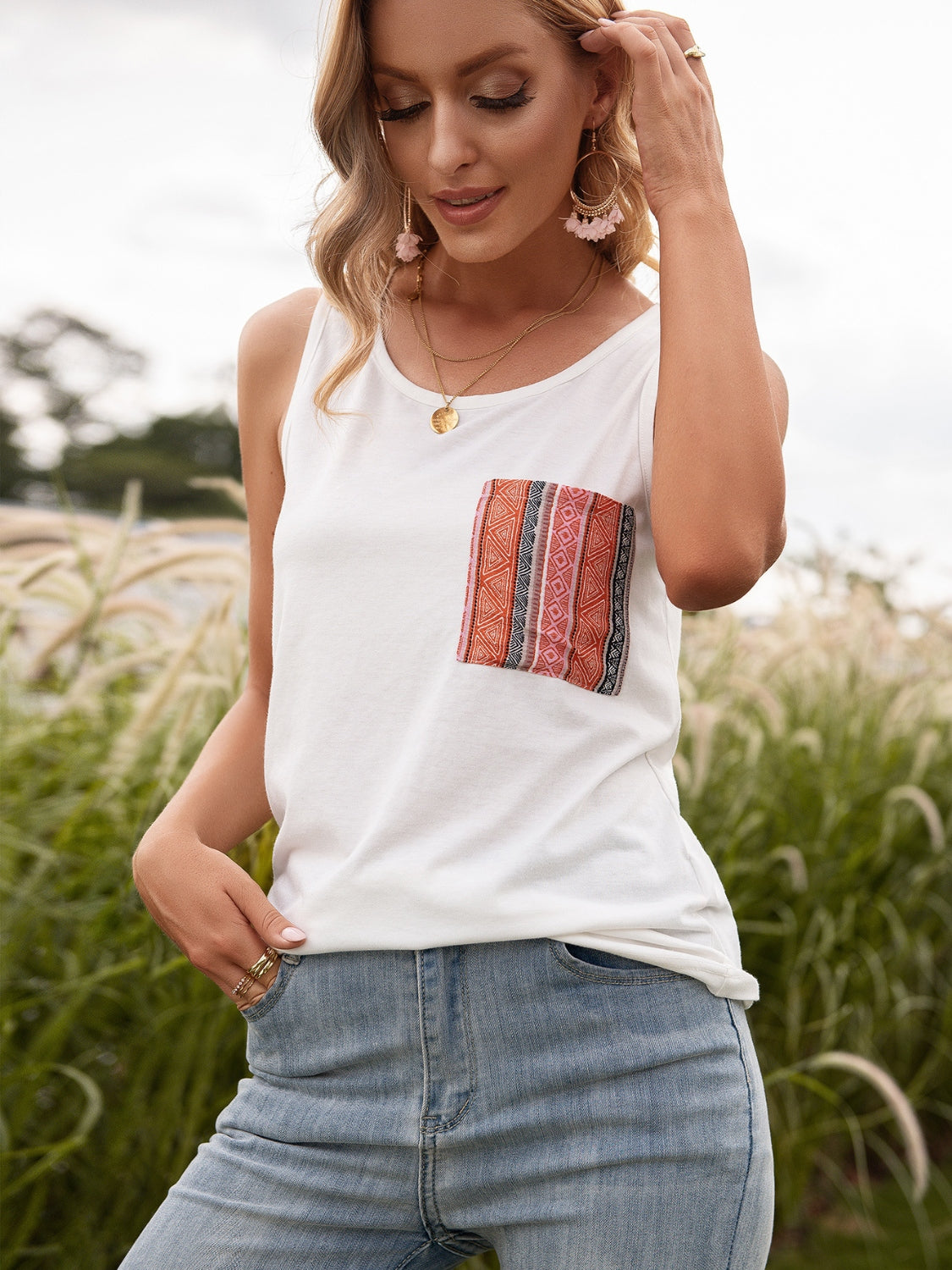 Pocketed Printed Round Neck Tank Pocketed Printed Round Neck Tank